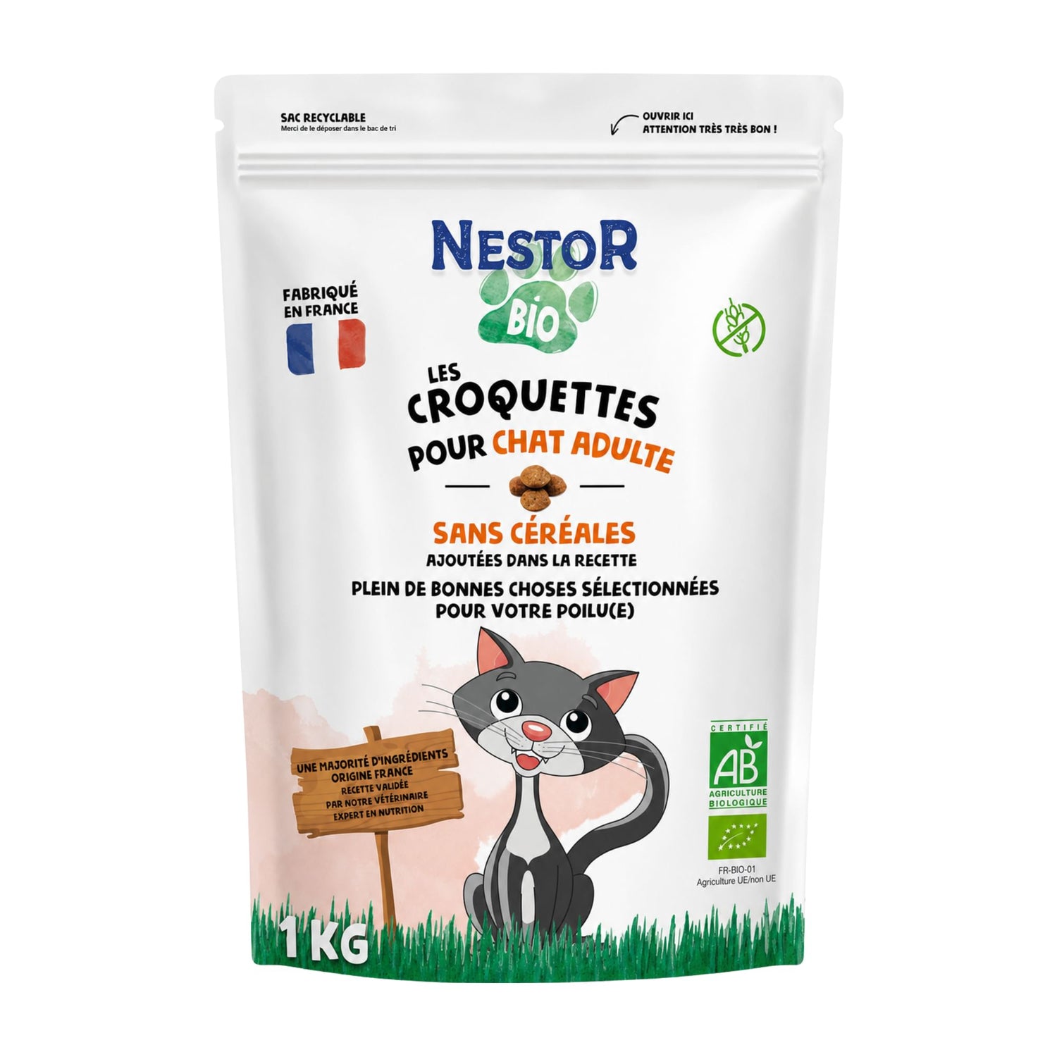 Sac 1 kg Nestor Bio de croquettes sans céréales pour chat adulte, certifiées Agriculture Biologique, fabriquées en France avec une majorité d'ingrédients d'origine française
