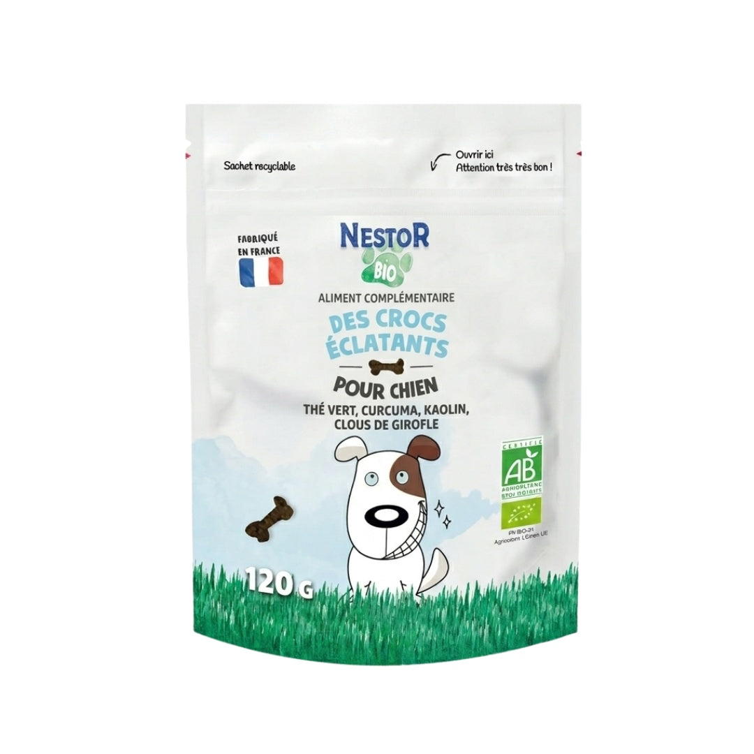 Friandises chien hygiène bucco-dentaire Nestor Bio Des Crocs Éclatants au thé vert curcuma et clous de girofle sachet 120g fabriqué en France sur fond blanc