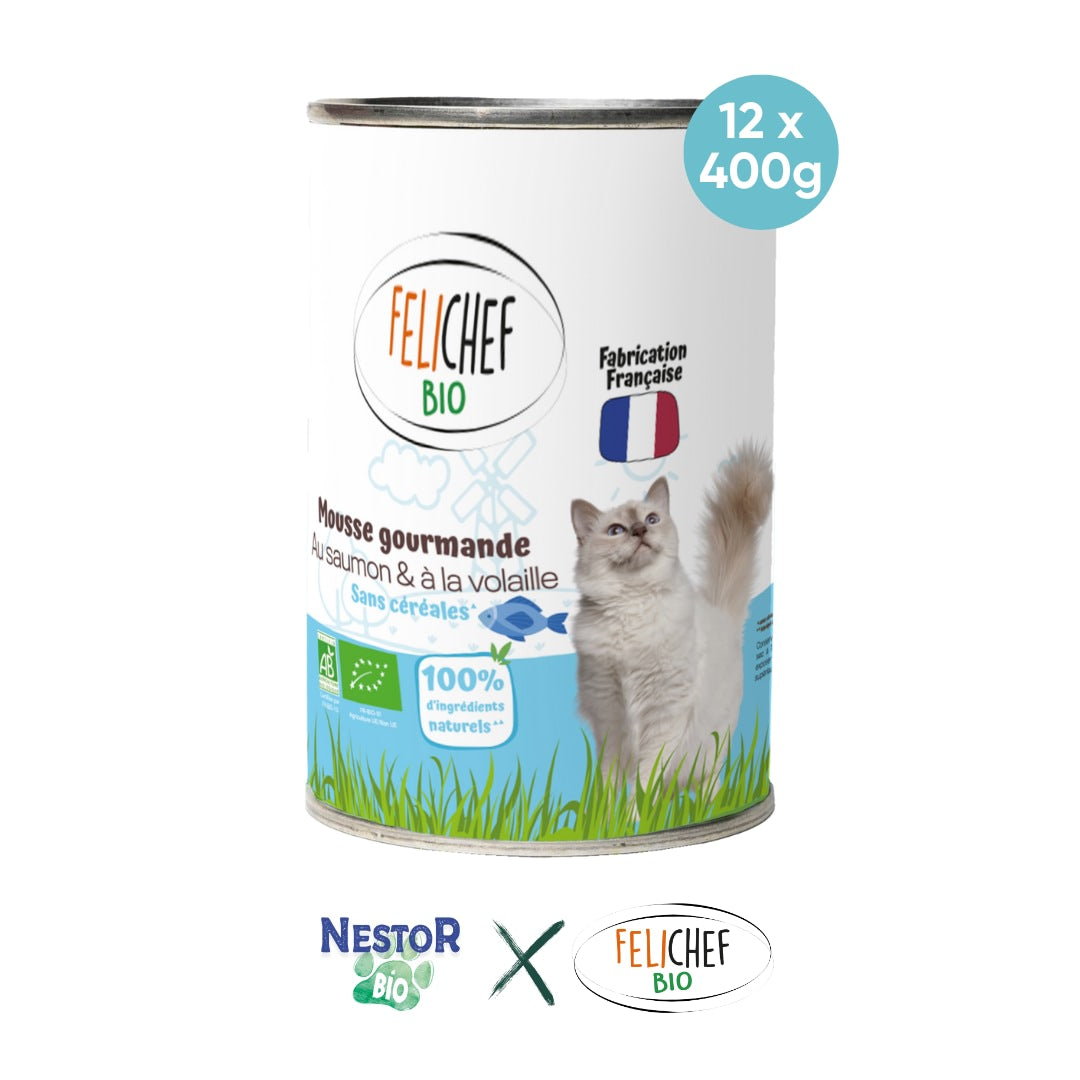 Une boîte de conserve de 400 grammes de mousse au saumon pour chat est au centre de l'image. Le fond est blanc. En dessous, du texte indique que l'on achète un pack de 12 pâtées.