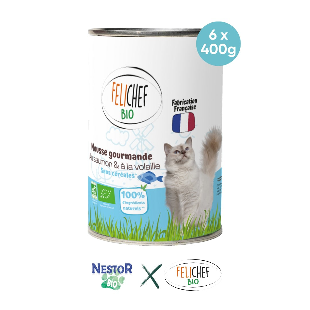 Une boîte de conserve de 400 grammes de mousse au saumon pour chat est au centre de l'image. Le fond est blanc. En dessous, du texte indique que l'on achète un pack de 6 pâtées.